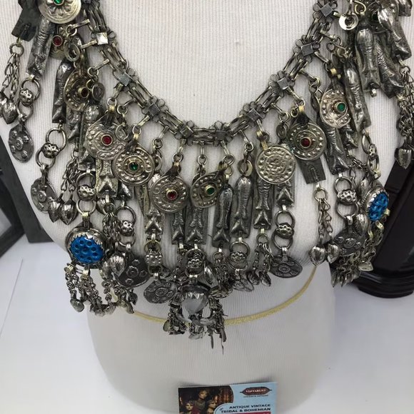 Vintage Afghan Oversized Fish Necklace, Choker Necklace Embellished with Fish - Picture 5 of 5